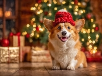 Prezenty, Welsh corgi pembroke, Pies, Czerwona, Choinka, Czapka