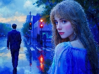 Kobieta, Deszcz, Mężczyzna, Grafika, Ulica