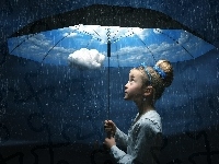 Deszcz, Dziewczynka, Obłoki, Parasol