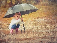 Deszcz, Dziewczynka, Kałuże, Dziecko, Parasol, Kalosze