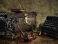 Maszyna do pisania, Fajka, Kompozycja, Aparat fotograficzny, Walizka