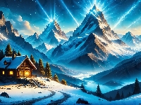 Zima, Dom, Góry, Grafika, Drzewa