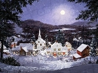 Domki, Narodzenie, Księżyc, Boże, Śnieg, Noc