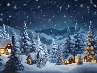 Śnieg, Drzewa, Zima, Domki, Grafika, Światła