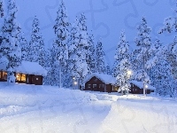 Domy, Latarnie, Zima, Śnieg, Drzewa