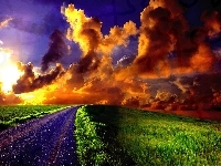 Droga, Trawa, Zachód, Słońca, Chmury