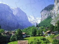 Drzewa, Wodospad, Szwajcaria, Góry, Domy, Lauterbrunnen