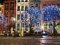 Gdańsk, Drzewa, Świąteczne, Kamienice, Miasto, Noc, Lampki