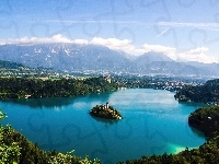 Wyspa Bled, Góry Alpy Julijskie, Chmury, Słowenia, Jezioro Bled, Drzewa