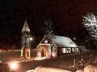 Światła, Kościół, Drzewa, Śnieg