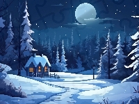 Księżyc, Dom, Zima, Drzewa, Grafika, Noc