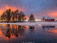 Ringerike, Jezioro Vaeleren, Dom, Zachód słońca, Norwegia, Zima, Drzewa