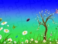 Drzewo, Wiosna, Kwiaty, Motylki