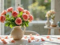 Kwiaty, Dzbanek, Róże, Okno, Stół