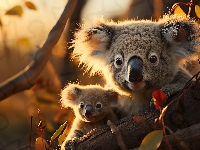 Drzewa, Mama, Koala, Dziecko, Gałązki, Konar
