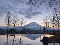 Domy, Fudżi, Japonia, Chmury, Staw, Drzewa, Mgła