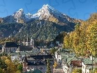 Berchtesgaden, Bawaria, Las, Kościół, Drzewa, Góra Watzmann, Niemcy, Góry Alpy Berchtesgadeńskie, Domy