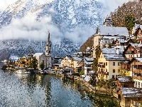 Góry, Hallstatt, Zima, Austria, Domy, Jezioro