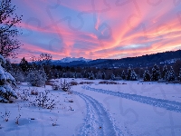 Góry, Zima, Łąka, Grafika AI, Ośnieżona, Drzewa, Zachód słońca