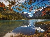 Góry, Drzewa, Jesień, Jezioro, Liście
