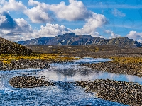 Rzeka, Landmannalaugar, Islandia, Góry, Chmury, Kręta