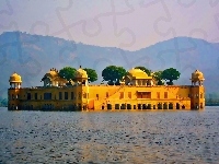 Pałac, Góry, Jaipur, Wschód Słońca, Jezioro, Jal Mahal