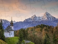 Bawaria, Drzewa, Góry, Berchtesgaden, Sanktuarium Maria Gern, Niemcy, Kościół, Alpy Salzburskie
