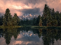 Drzewa, Stany Zjednoczone, Zachód słońca, Chmury, Rzeka, Wyoming, Park Narodowy Grand Teton, Snake River, Grand Teton, Góry