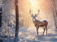 Drzewa, Zima, Las, Grafika, Jeleń, Śnieg, Światło