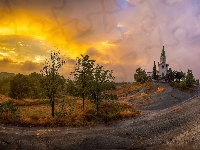 Hiszpania, Kościół Santuari Puig Agut, Gmina Manlleu, Zachód słońca, Drzewa