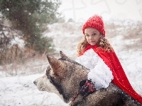 Siberian Husky, Zima, Dziewczynka, Czerwony Kapturek, Śnieg