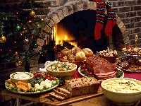 Jedzenie, Kominek, Choinka, Świąteczne, Skarpety