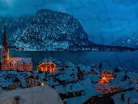 Austria, Jezioro, Noc, Góry, Hallstatt, Zima, Kościół