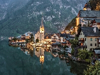 Jezioro Hallstattersee, Domy, Alpy Salzburskie, Austria, Góry, Kościół, Hallstatt