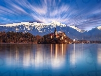 Jezioro, Słowenia, Kościół, Góry, Bled