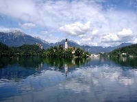 Jezioro, Słowenia, Kóściół, Góry, Bled