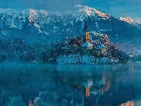 Kościół, Jezioro, Słowenia, Góry, Domy, Zima, Bled