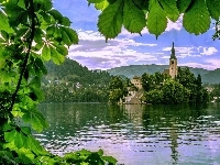 Jezioro, Bled, Kościół, Kasztan