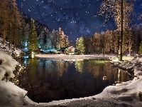 Jezioro, Zima, Noc, Domek, Las, Gwiazdy