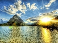Jezioro, Góry, Promienie Słońca