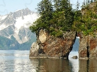 Jezioro, Alaska, Góry, Skały, Drzewa