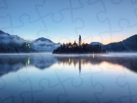 Jezioro, Bled, Góry, Słowenia, Zamek, Mgła