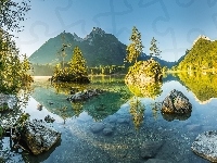 Bawaria, Skały, Drzewa, Jezioro Hintersee, Niemcy, Góry Alpy, Kamienie