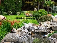 Kamienie, Ogród, Rzeczka, Kwiaty