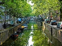 Łódki, Amsterdam, Kanał, Samochody