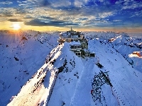 Kanton Berno, Restauracja Piz Gloria, Śnieg, Góra Schilthorn, Szwajcaria, Góry Alpy Zachodnie, Zima