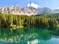 Jezioro Karersee, Dolomity, Odbicie, Włochy, Góry, Las