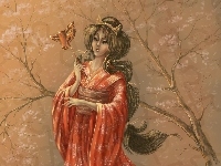 Kimono, Kobieta, Maska, Drzewo