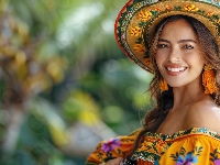 Kolczyki, Długowłosa, Uśmiechnięta, Kobieta, Sukienka, Kapelusz