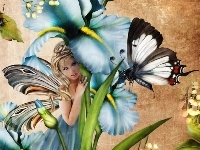 Kwiaty, Kobieta, Motyle
